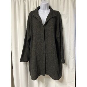 Eileen Fisher Organic Cotton Gray Woven Long Coat Jacket Stand Collar 1X